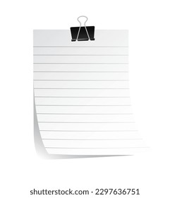 White paper concept. Sheet of notepad with hair clip, place for notes. Organization of effective workflow and to do list. Planner and organizer. Realistic 3D vector illustration