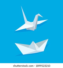 White paper crane and boat with shadow in trendy flat style. Origami icon isolated on blue background. Vector illustration.