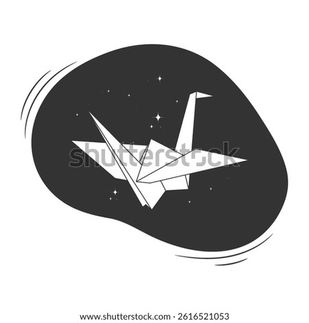 White paper crane flying in night sky. Origami flying bird symbol. Vector illustration