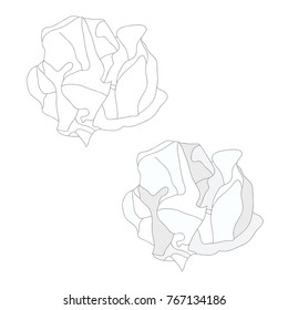 White Paper Crumbled Ball And Outline. Vector Illustration. Isolated On White Background.