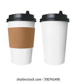 White paper Cup with a brown cover with label and without label. Isolated vector cup for hot drinks like coffee and tea. For mockup template.