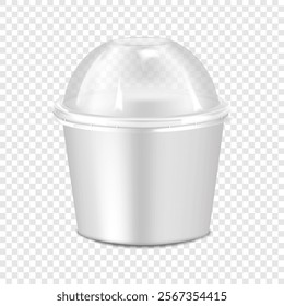 White paper cup with clear plastic dome lid. 3d mockup. Disposable paperboard takeaway to go food round container. Realistic vector mock-up. Takeout bowl packaging. Template for design