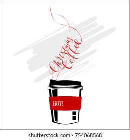 White Paper Cup of hot coffee. Decoration element with Text Christmas coffee.