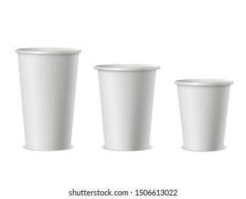 White paper cups realistic vector illustrations set. Takeaway restaurant accessory side view isolated on white background. Empty 3d plastic container for coffee-to-go. Disposable kitchen utensil