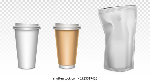 White paper cups for tea and coffee and foil zip lock bag with degassing valve. Vector realistic mockup of disposable mugs with plastic caps and brown holder for hot drinks and coffee pouch package