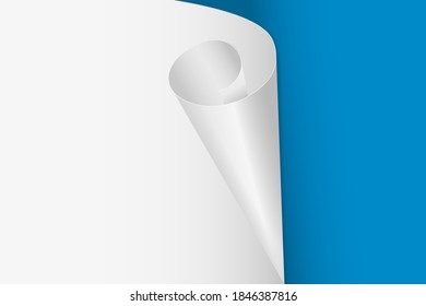 White paper with curled corner and blue background. Vector 3d illustration