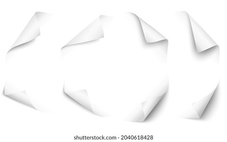 White Paper Curled Corners. Page Corner Turn, Book Or Magazine Sheets. 3d Curve Template, Flip Edge Note Stickers. Blank Leaf Recent Vector Set