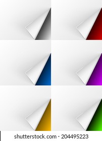 White paper curls on different colors backgrounds for web design and other needs. Vector illustration