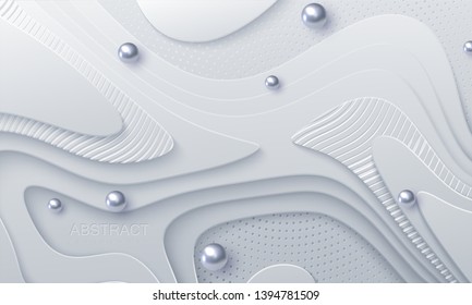 White paper cut background. Abstract papercut decoration with wavy layers, engraved striped pattern, silver particles. 3d topography relief. Vector topographic illustration. Cover layout template.