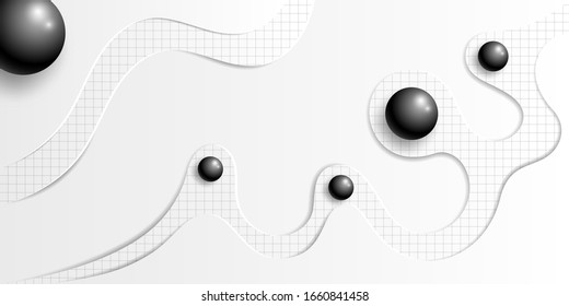 Fondo de corte de papel blanco con rejilla. Plantilla en estilo origami. Fondo de tallado con bolas realistas de color negro. Ilustración vectorial en capas. Diseño para tarjetas, folletos, portadas, banners, folletos.