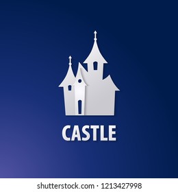 White paper cut castle on blue background. 3D cutout silhouette design template. Fairy tale castle icon. Vector illustration