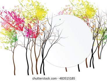 white paper cut circle for template  cover with colorful  tree  background season change ,vector illustration
