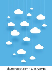 Viele Weißbücher schneiden Wolken auf blauem Hintergrund. Vektor-Vorstellung. Kunst aus Papier.