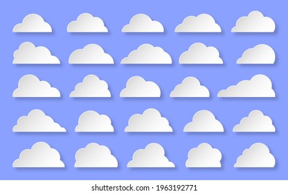 White paper cut clouds set isolated on blue background. Abstract different cloud shapes icon symbol collection. Network internet storage cartoon web banner. Think speech bubble origami concept