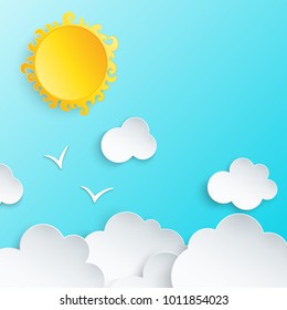 White paper cut clouds, sun and couple of two flying birds in the blue sky. Modern 3d paper art style. Vector illustration of cloudscape