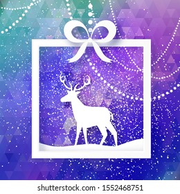 White Paper cut deer. Merry Christmas Greeting card. Origami winter season. Happy New Year. Garland and box frame. Dark Blue cosmos background. Vector