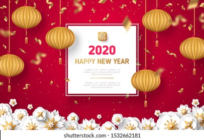White paper cut flowers, gold confetti and lanterns on red background for 2020 Happy Chinese New Year. Vector illustration with square frame and place for text. Hieroglyph means Rat