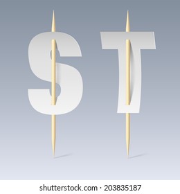 White paper cut font on toothpicks on grey background. S and T letters