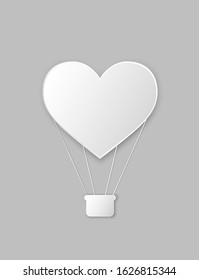 White paper cut heart hot air balloon. love and valentines day design element. craft paper style
