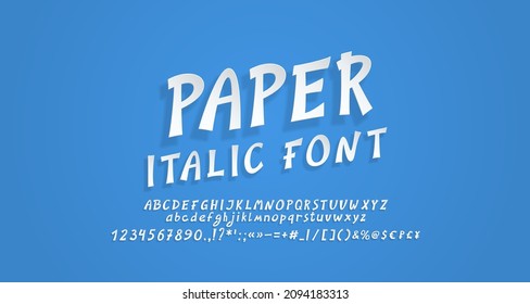 White paper cut italic font. Realistic 3D paper cutout style, English alphabet letters and numbers. For creative modern design