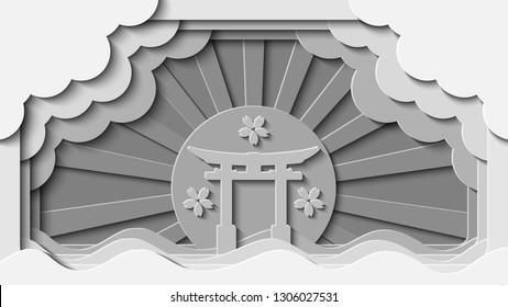 White Paper cut Japanese Gate Landmark Vector background. Realistic 3D multi layers paper cut style effect