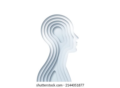 White paper cut man head illustration on isolated background. Modern 3D papercut craft people profile silhouette design for AI technology concept, psychology or human anatomy project.