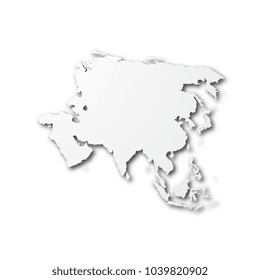 white paper cut map of asia with smooth vector shadows on white background