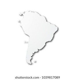 white paper cut map of south america with smooth vector shadows on white background