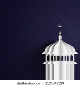 Weißbuch geschnitten Moschee auf blauem floralem Muster Hintergrund für islamisches Festival Konzept.