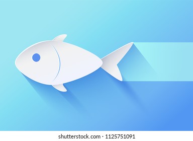 White paper cut relief and shadowed fingerling minimalistic vector illustration. Fish bellied icon on gradient blue background with bluish track.