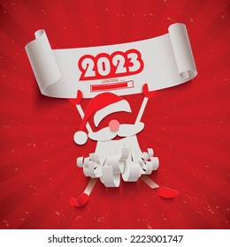 El papel blanco cortó a Santa Claus con el año de carga 2023 aislado en un fondo retro rojo,ilustración del vector de tarjeta de saludo de Año Nuevo Feliz