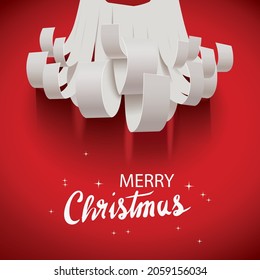 White paper cut Santa's beard greeting card with text Merry Christmas isolated on a red background,vector illustration