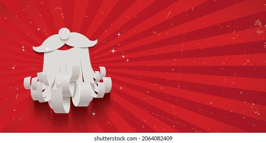 White paper cut Santa's greeting card isolated on a red retro striped background,vector illustration