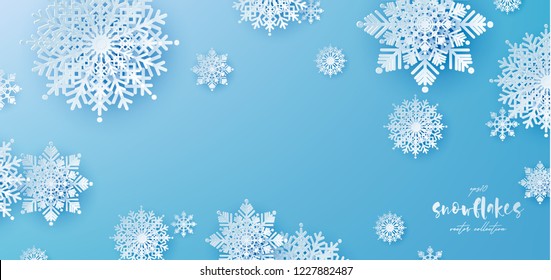 White Paper cut snow flake greeting background, Merry Christmas and Happy New Year banner, winter origami, snowfall papercut poster. Vector Snowflake frame, paper snow modern card, trendy ornament.