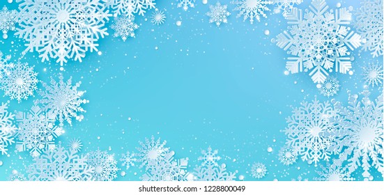 White Paper cut snow flake greeting background, Merry Christmas and Happy New Year banner, winter origami, snowfall papercut poster. Vector Snowflake frame, paper snow modern card, trendy ornament.