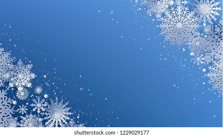 White Paper cut snow flake greeting background, Merry Christmas and Happy New Year banner, winter origami, snowfall papercut poster. Vector Snowflake frame, paper snow modern card, trendy ornament.