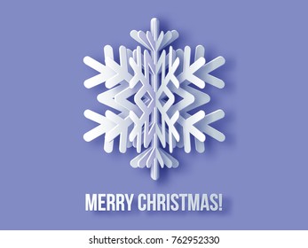 White Paper cut snow flake. Origami Snowfall. Happy New Year Greetings card. Winter background. Purple background. Vector illustration