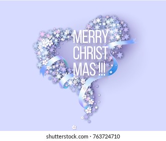 O Papel Branco cortou o floco de neve. Queda de neve de Origami. Feliz cartão de cumprimentos de Natal. Fundo de inverno. Fundo roxo. Ilustração vetorial