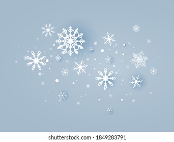 El papel blanco corta la composición de copos de nieve. Elementos de diseño de Año Nuevo. Fondo de la celebración. Tarjeta de felicitación de Navidad. Decoración de vacaciones de invierno. Banner azul de lujo. Ilustración vectorial.
