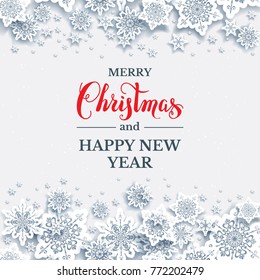 White paper cut snowflakes. Snow christmas winter layout for design banner, ticket, invitation, greetings, leaflet and so on. Realistic effect with shadow. Merry Christmas lettering.