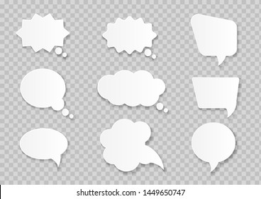 White paper cut speech bubbles on transparent background. Vector illustration.