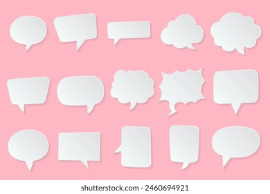 White paper cut speech bubbles, Abstract icon different shapes blank doodle bubbles, banners Template ready for use in web or print design isolated, 3D effect comics message balloon template.