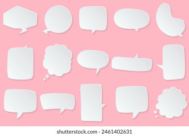 Burbujas de voz cortadas en papel blanco, ícono Abstractas diferentes Formas burbujas de doodle en blanco, Plantilla de Anuncios lista para su uso en diseño de Web o impresión aislada, Plantilla de globos de mensajes de cómics de efectos 3D.