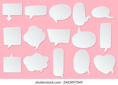 Burbujas de voz cortadas en papel blanco, ícono Abstractas diferentes Formas burbujas de doodle en blanco, Plantilla de Anuncios lista para su uso en diseño de Web o impresión aislada, Plantilla de globos de mensajes de cómics de efectos 3D.