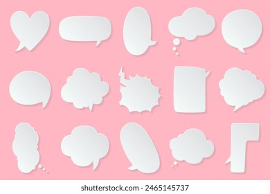 White paper cut speech bubbles, Abstract icon different shapes blank doodle bubbles, banners Template ready for use in web or print design isolated, 3D effect comics message balloon template.
