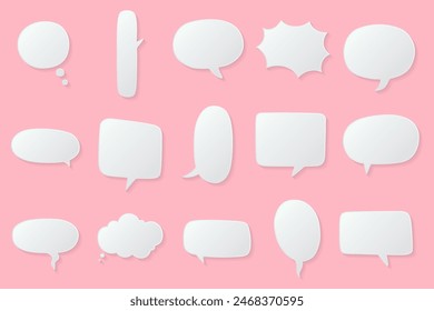 White paper cut speech bubbles, Abstract icon different shapes blank doodle bubbles, banners Template ready for use in web or print design isolated, 3D effect comics message balloon template.