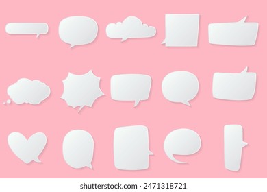Burbujas de voz cortadas en papel blanco, ícono Abstractas diferentes Formas burbujas de doodle en blanco, Plantilla de Anuncios lista para su uso en diseño de Web o impresión aislada, Plantilla de globos de mensajes de cómics de efectos 3D.