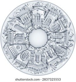 White paper cut style circular round frame of luxury mediterranean mansions and villas with palm trees. Vector 3D monochrome mandala architectural design.