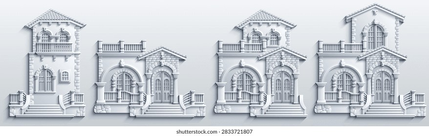 White paper cut style set of separate modular mediterranean houses. Vector 3D architectural collection of luxury villas with balconies, stairs and tiled roofs.