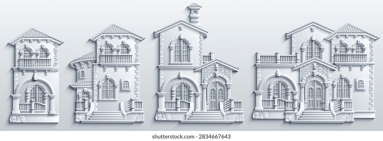 White paper cut style set of separate modular mediterranean houses. Vector 3D architectural collection of luxury villas with balconies, stairs and tiled roofs.